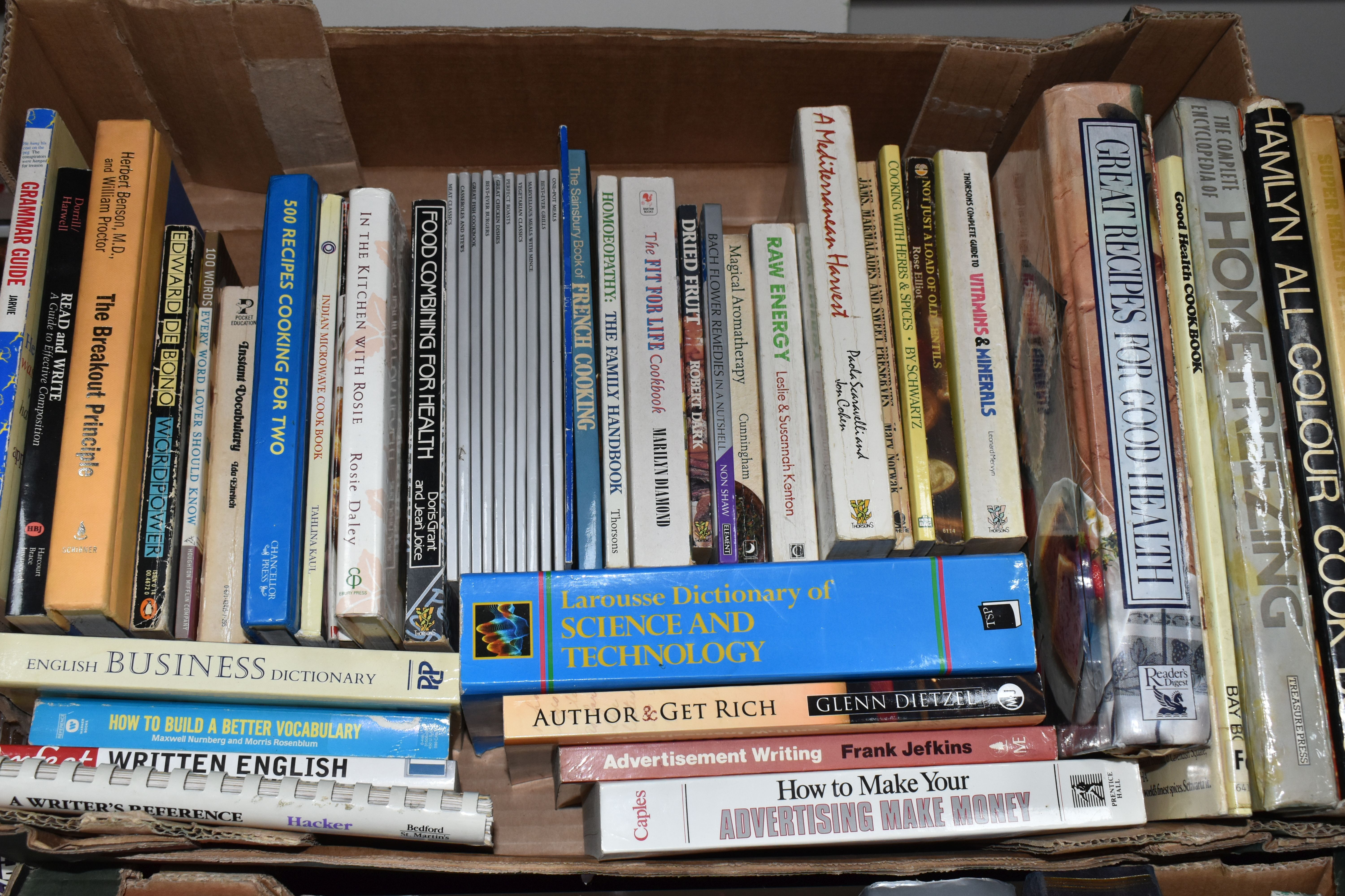 THREE BOXES OF BOOKS, over sixty books to include assorted topics, recipe books, dictionaries, - Image 3 of 4