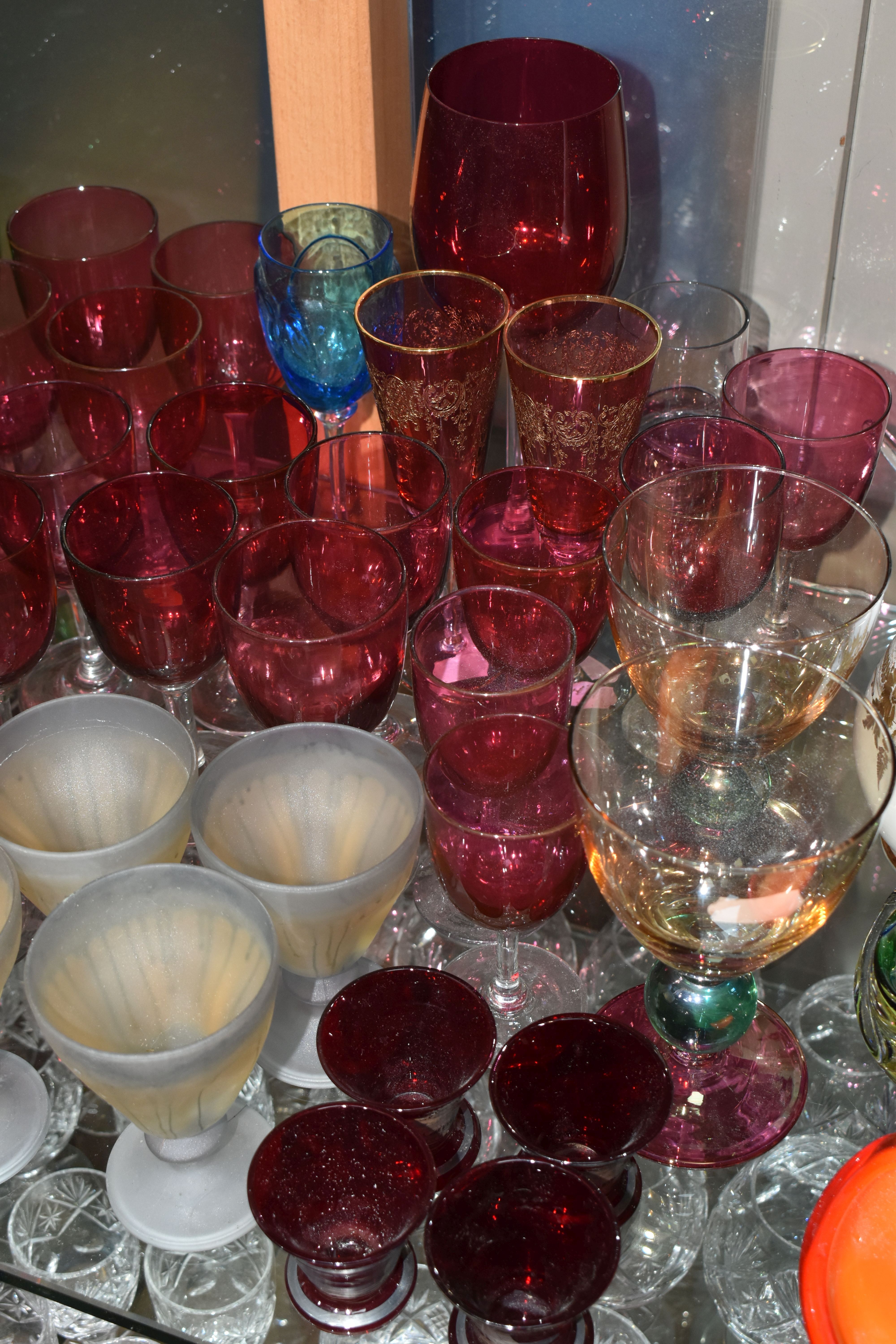 A COLLECTION OF COLOURED DRINKING GLASSES, to include a single ruby etched glass with rough pontil - Image 8 of 9