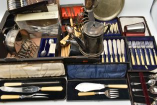 A LARGE BOX OF ASSORTED WHITE METAL, to include tankards, a selection of cased cutlery sets, two