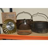 A GROUP OF METALWARE AND SUNDRIES, comprising two large cast iron cauldrons with single handles,