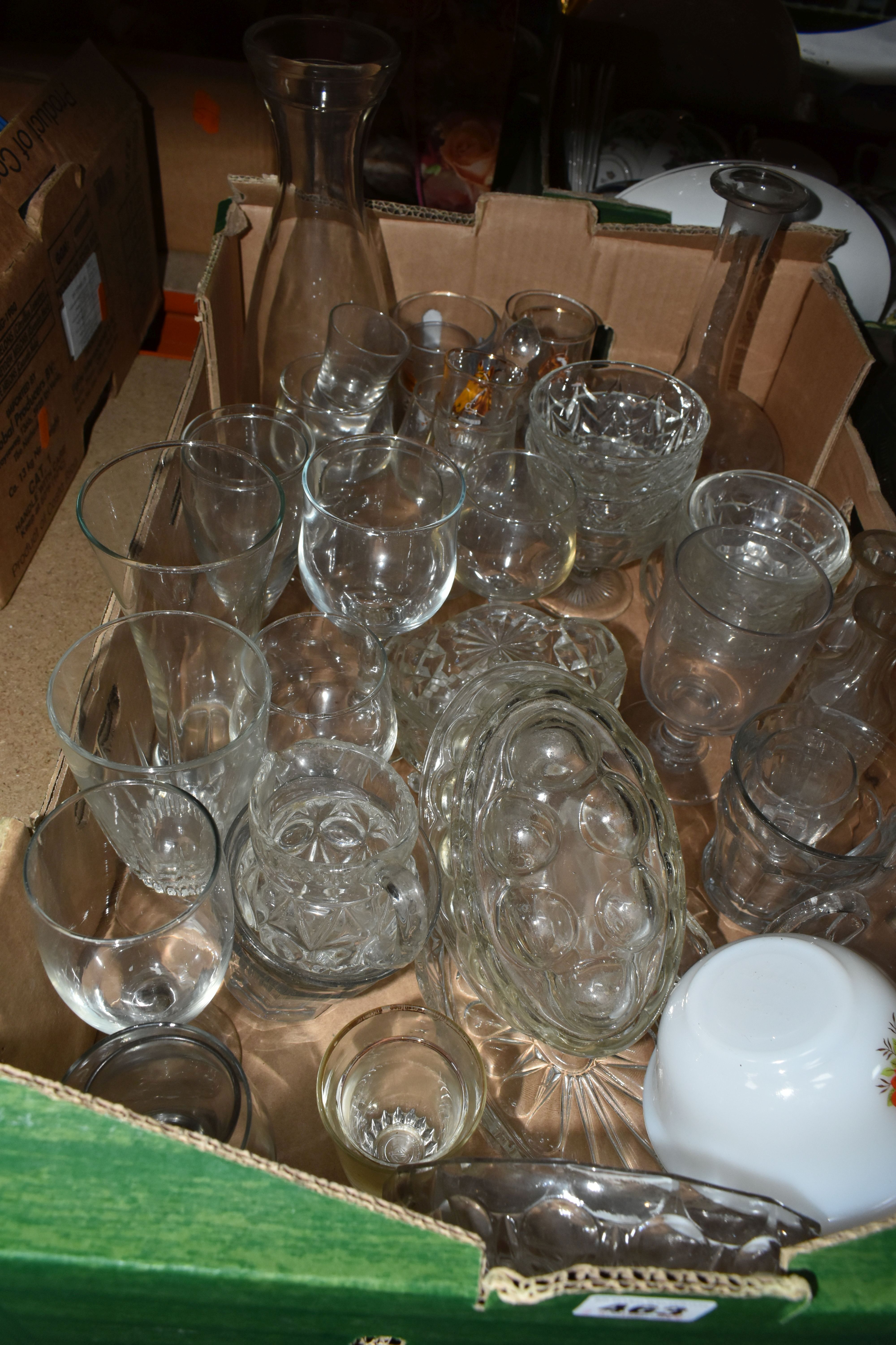 THREE BOXES AND LOOSE GLASSWARE, to include Victorian wine glasses, decanter, clear glass jelly - Image 2 of 5