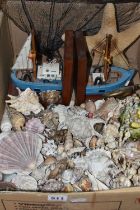 ONE BOX OF SEA SHELLS, to include a large quantity of natural sea shells, star fish, shell necklace,