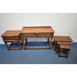 A 20TH CENTURY OAK SIDE TABLE, with two frieze drawers, raised on block and turned legs, united by