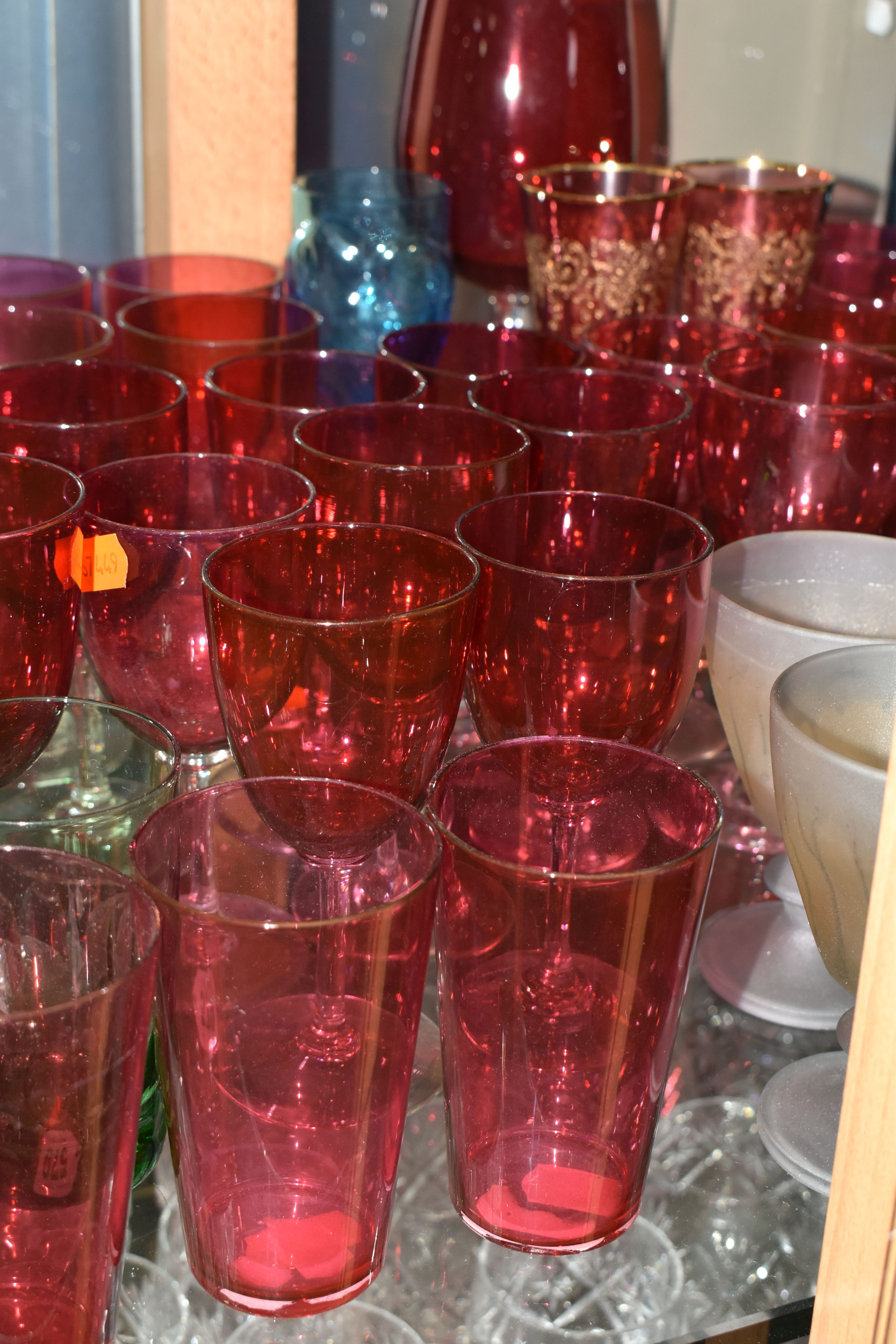 A COLLECTION OF COLOURED DRINKING GLASSES, to include a single ruby etched glass with rough pontil - Image 5 of 9