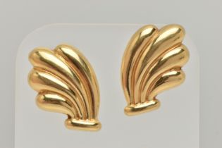 A PAIR OF YELLOW METAL EARRINGS, each ear stud designed as an abstract design hollow plain