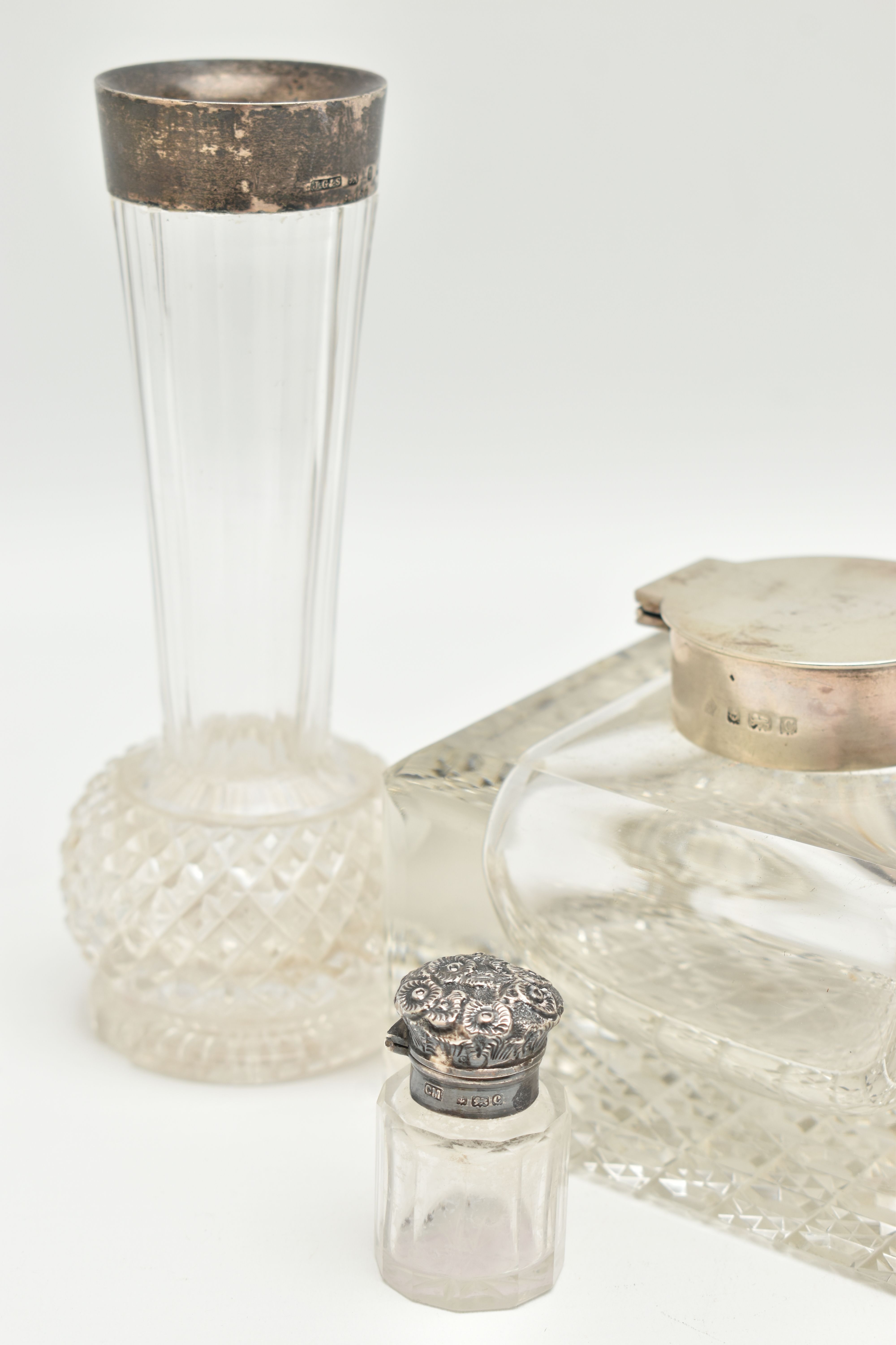 A SMALL ASSORTMENT OF SILVER TOPPED GLASS JARS, to include a silver lidded inkwell, hallmarked ' - Image 2 of 6