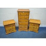 A PINE CHEST OF SIX DRAWERS, width 52cm x depth 42cm x height 109cm, along with a pair of three