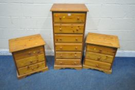 A PINE CHEST OF SIX DRAWERS, width 52cm x depth 42cm x height 109cm, along with a pair of three