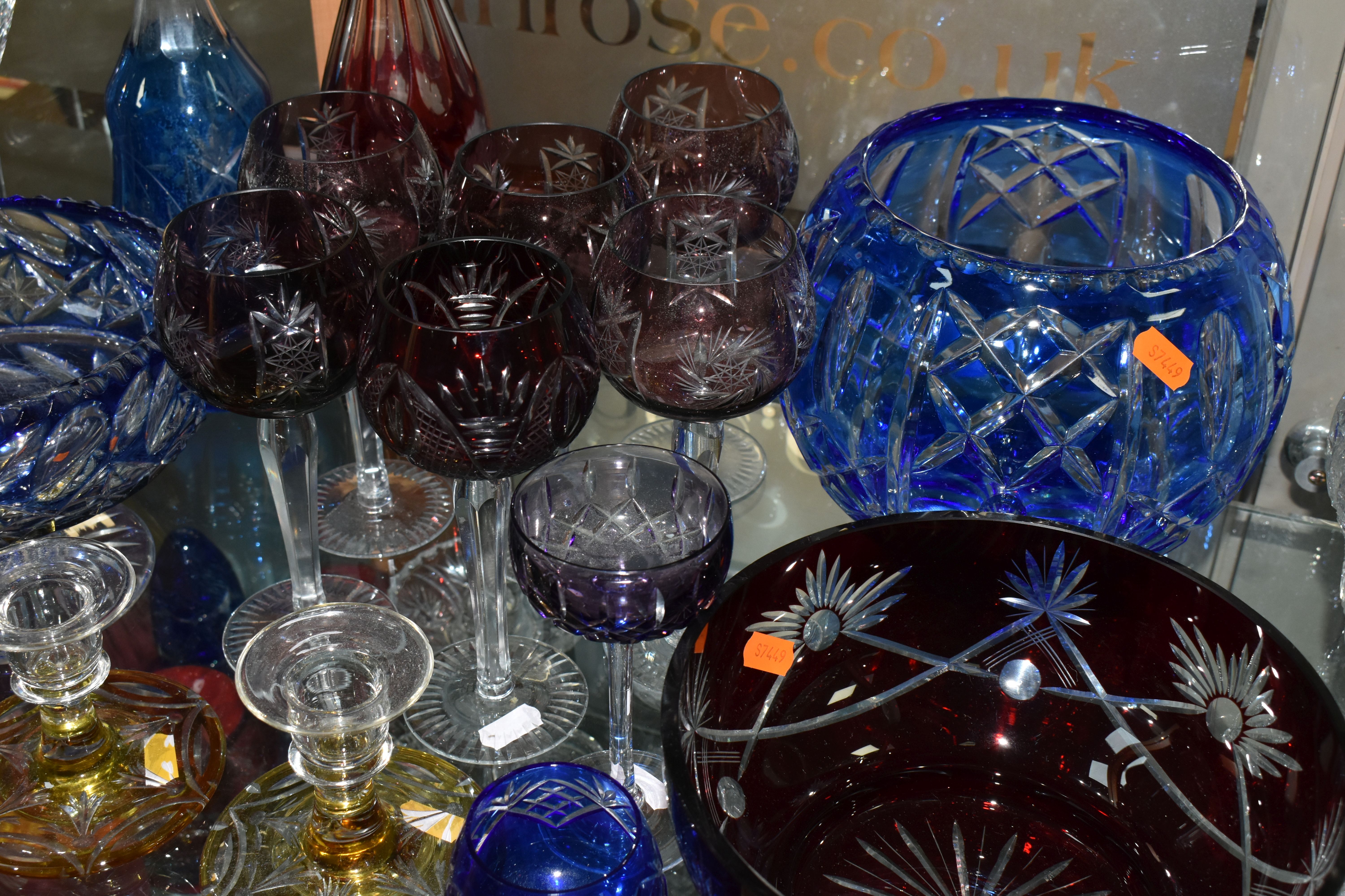 A GROUP OF COLOURED CUT CRYSTAL, to include six cranberry coloured wine glasses, decanter (damaged - Image 7 of 8