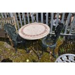 A PAIR OF GREEN PAINTED CAST ALUMINIUM GARDEN CHAIRS with ornate pierced detailing to legs, seat and