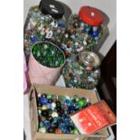 A COLLECTION OF GLASS MARBLES, of various sizes and designs, solid colours, swirl and confetti