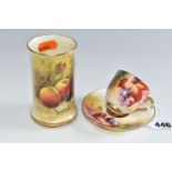 THREE PIECES OF ROYAL WORCESTER 'FALLEN FRUITS' PORCELAIN, comprising a cylindrical vase, shape no