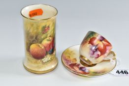 THREE PIECES OF ROYAL WORCESTER 'FALLEN FRUITS' PORCELAIN, comprising a cylindrical vase, shape no