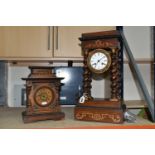 A TALL FRENCH PORTICO CLOCK TOGETHER WITH A GERMAN MUSICAL CLOCK, the French portico clock, has an