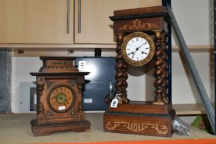 A TALL FRENCH PORTICO CLOCK TOGETHER WITH A GERMAN MUSICAL CLOCK, the French portico clock, has an