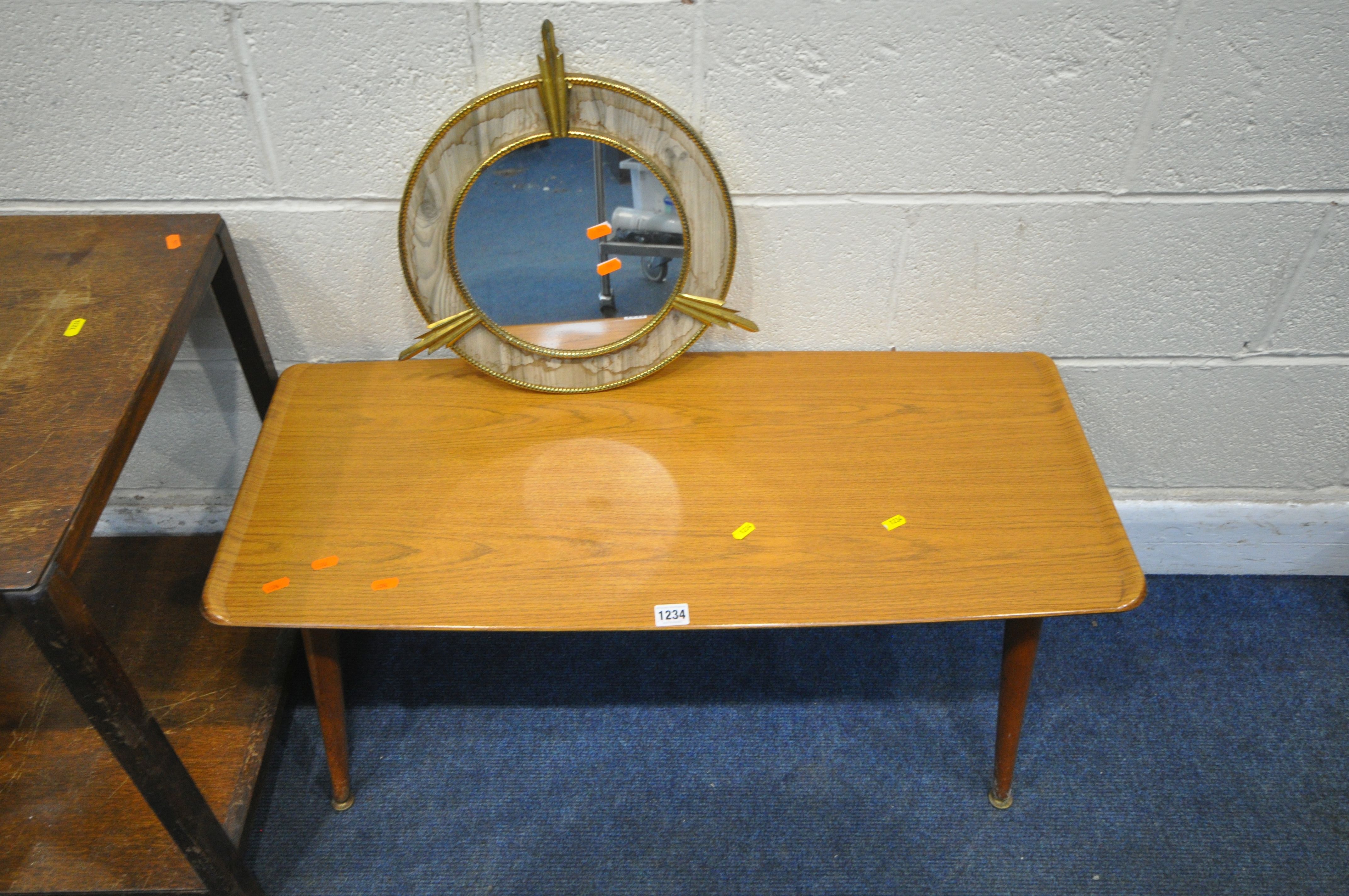 A MID CENTURY TEAK EFFECT COFFEE TABLE, with cylindrical tapered legs, width 92cm x depth 41cm x - Image 7 of 7