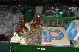 FIVE BOXES OF GLASS WARE, ADVERTISING TINS AND CERAMICS, to include a boxed Babycham Party Pack of