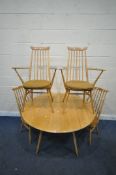 LUCIAN ERCOLANI, ERCOL, A MID CENTURY ELM AND BEECH WINDSOR DROP LEAF TABLE, raised on four