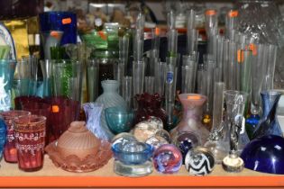A COLLECTION OF COLOURED GLASSWARE, comprising two turquoise 'Mary Gregory' vases (one chipped), a