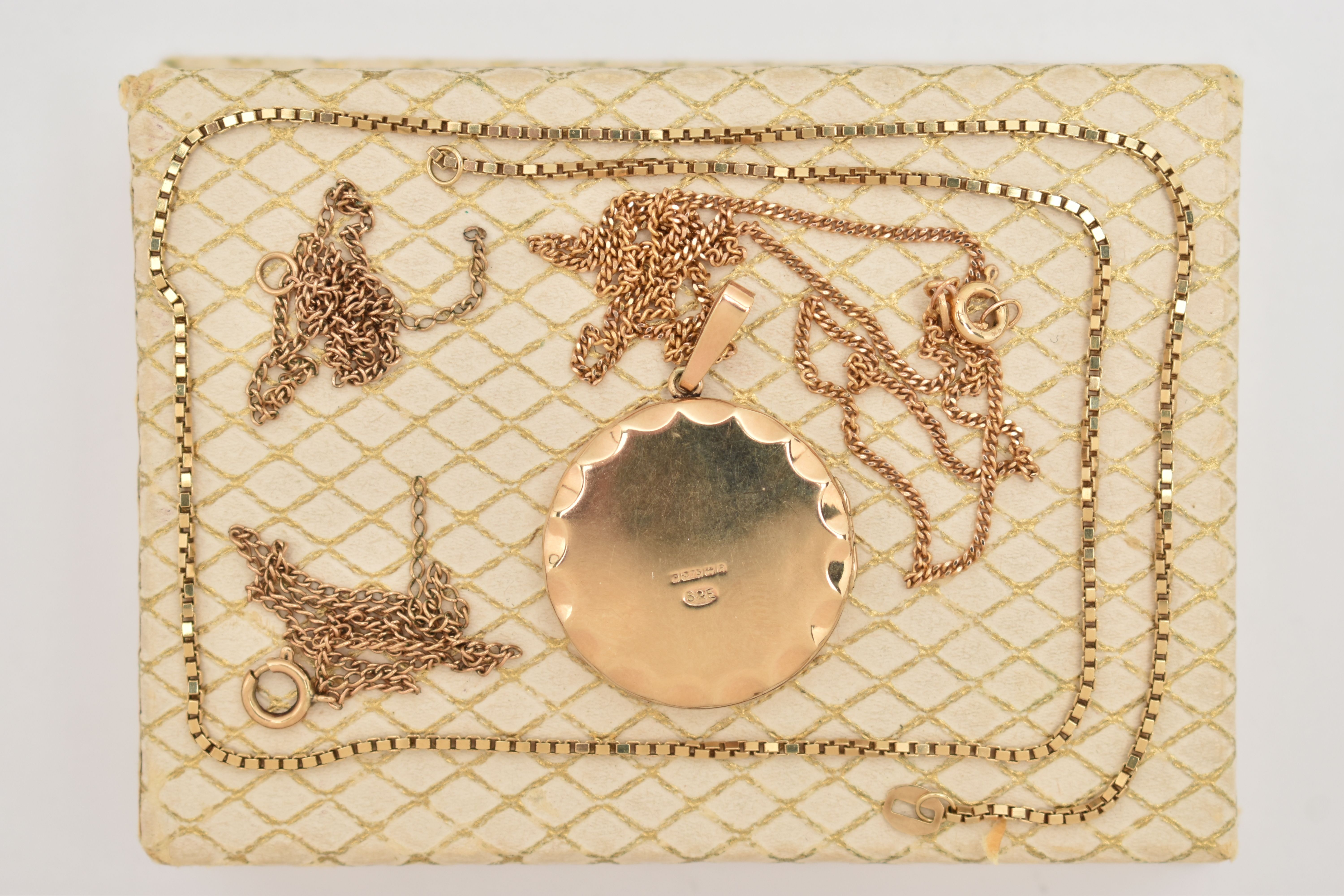 A 9CT GOLD LOCKET AND ASSORTED CHAINS, a circular form locket with scalloped and acanthus detail, - Image 2 of 2