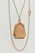 A 9CT GOLD LOCKET WITH CHAIN, unusual shape locket detailed with a sunrise pattern, hinged cover,