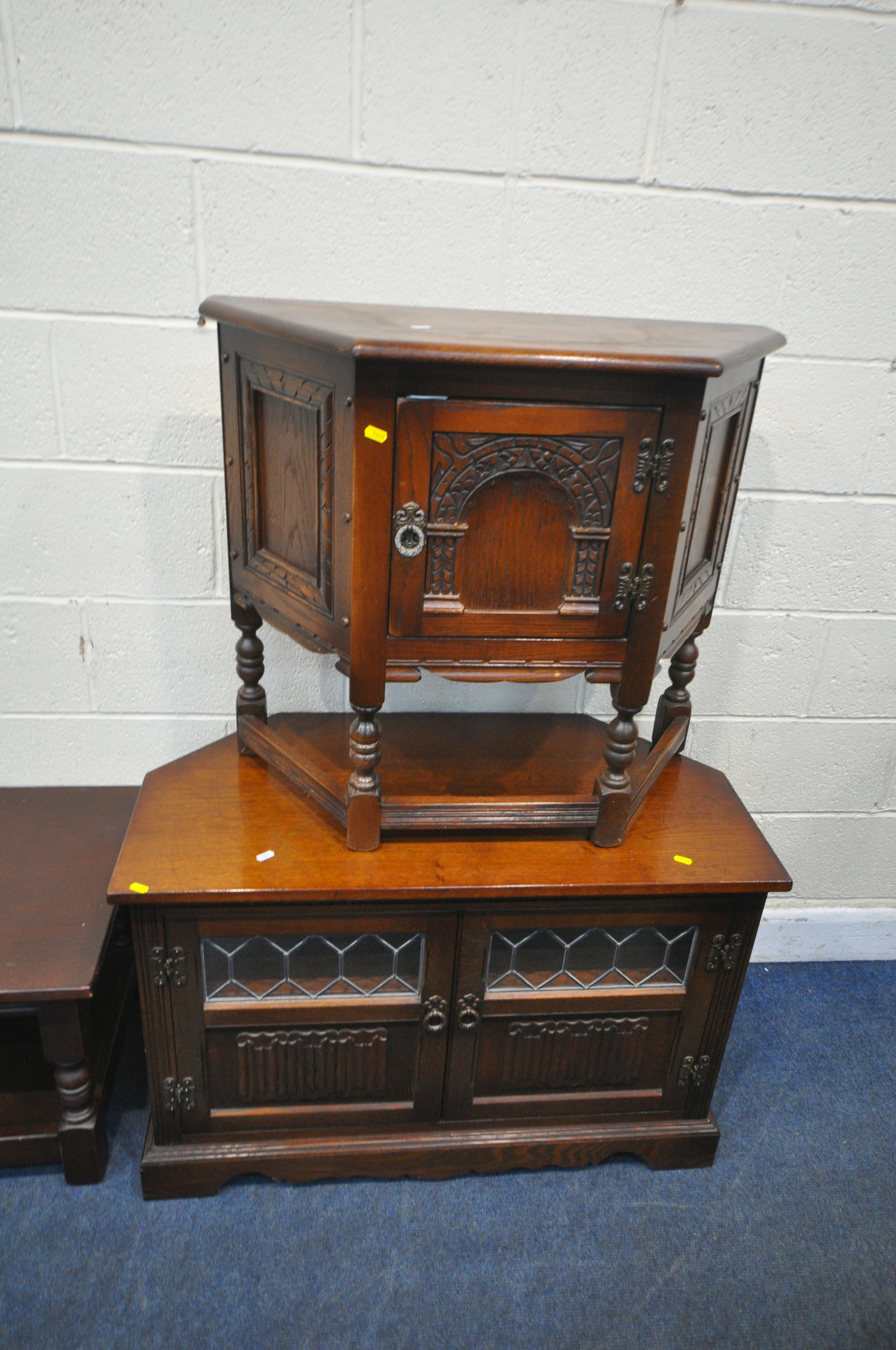 FOUR PIECES OF 20TH CENTURY OAK OLD CHARM FURNITURE, to include a coffee table, with a single - Image 3 of 4