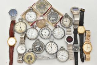 A BOX OF ASSORTED WATCHES, to include twelve 'Ingersoll' pocket watches, together with eight