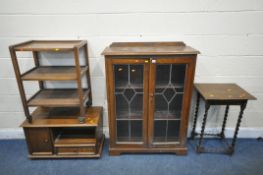 A SELECTION OF 20TH CENTURY OAK FURNITURE, to include a double door lead glazed bookcase, width 92cm