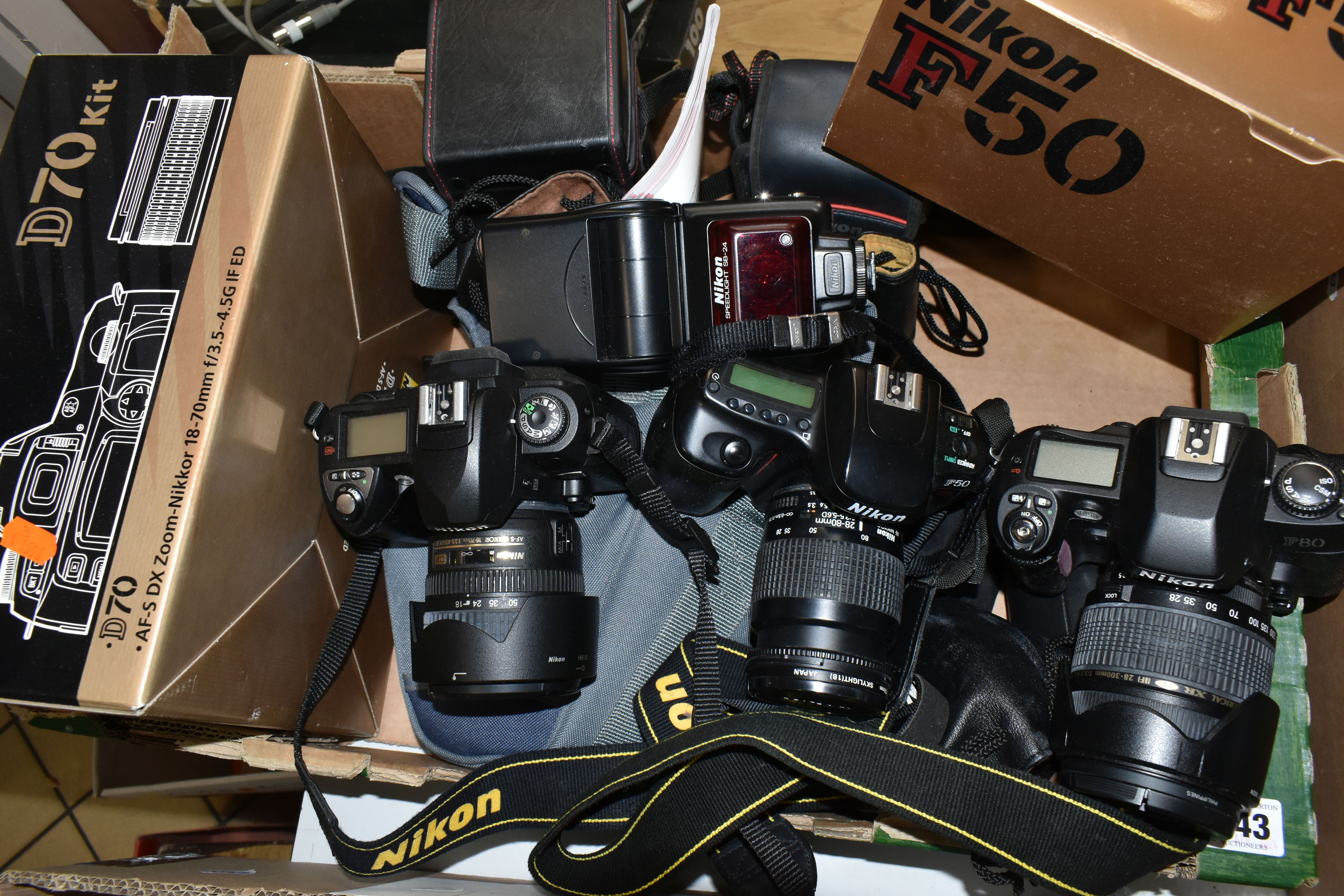 A BOX OF NIKON CAMERAS AND LENSES, to include a Nikon F80 35mm camera fitted with a Tamron f3.5-6.
