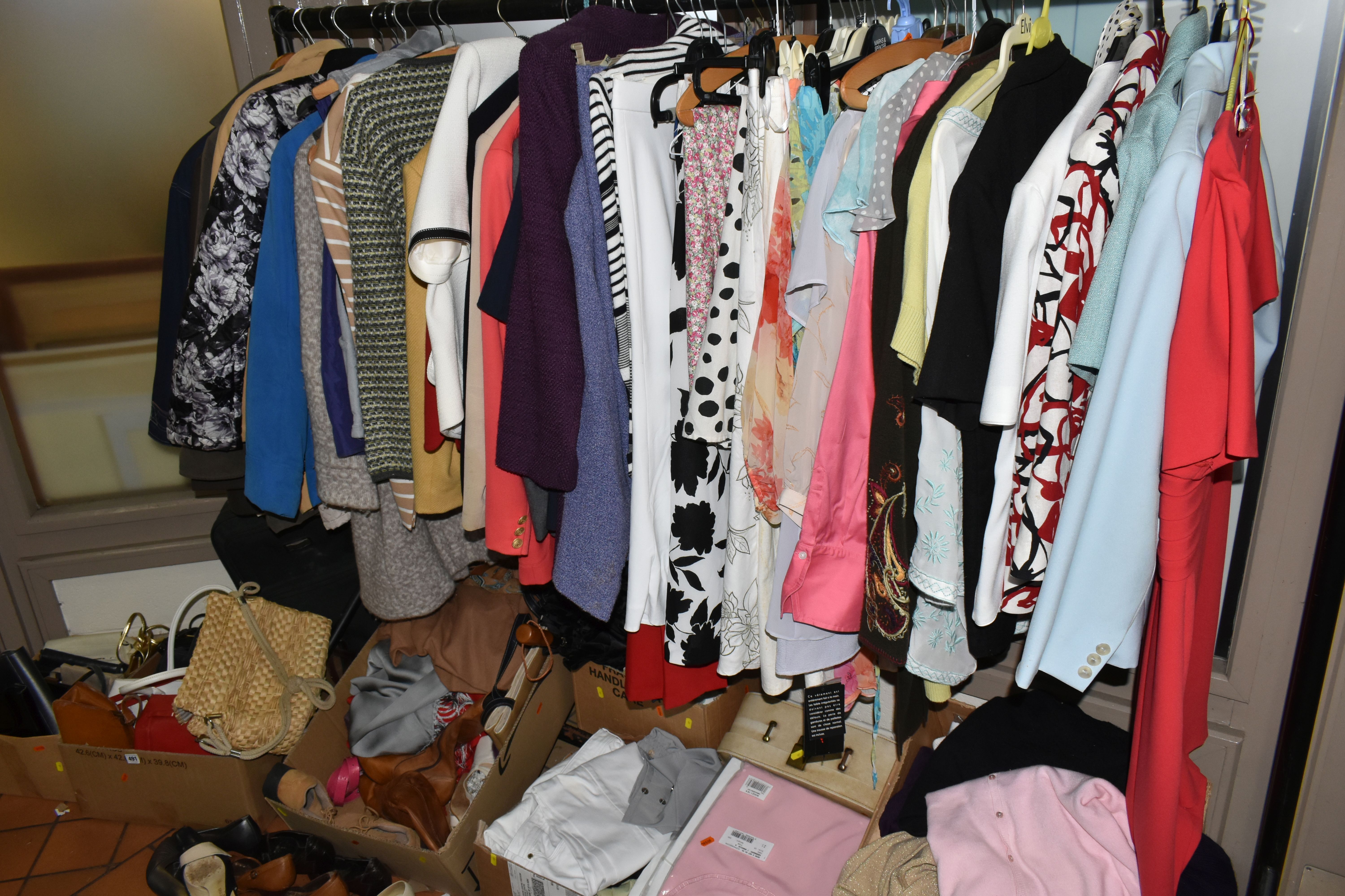 A QUANTITY OF LADIES' CLOTHING AND ACCESSORIES ETC, to include jackets, skirts, trousers, coats,
