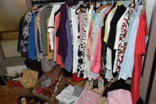 A QUANTITY OF LADIES' CLOTHING AND ACCESSORIES ETC, to include jackets, skirts, trousers, coats,