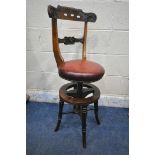 A 19TH CENTURY ROSEWOOD MUSICIAN / HARPIST SWIVEL CHAIR, with scrolled and foliate backrest, oxblood