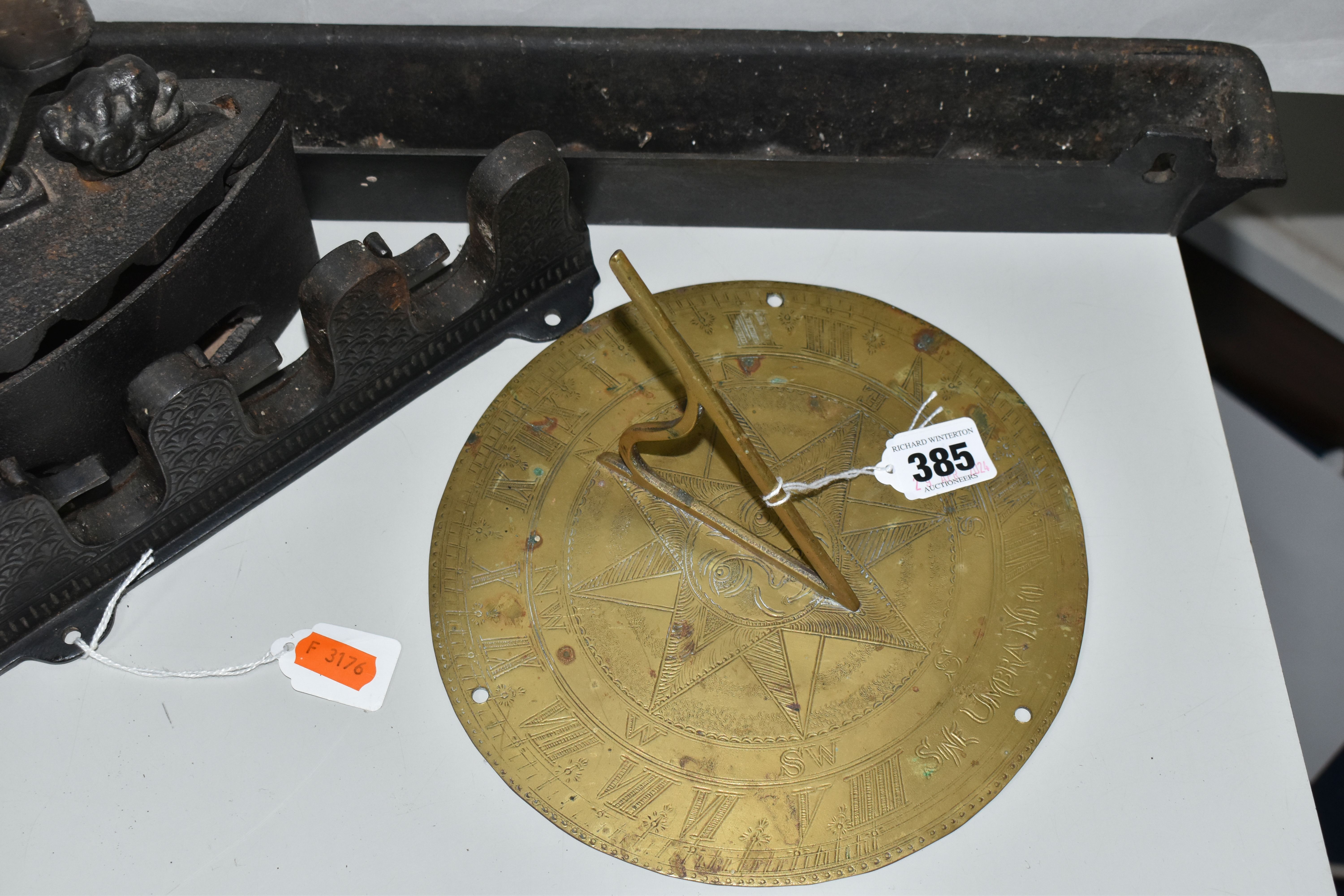 A GROUP OF METAL ITEMS, comprising a brass sundial, diameter approximately 20cm (not quite circular, - Image 5 of 10