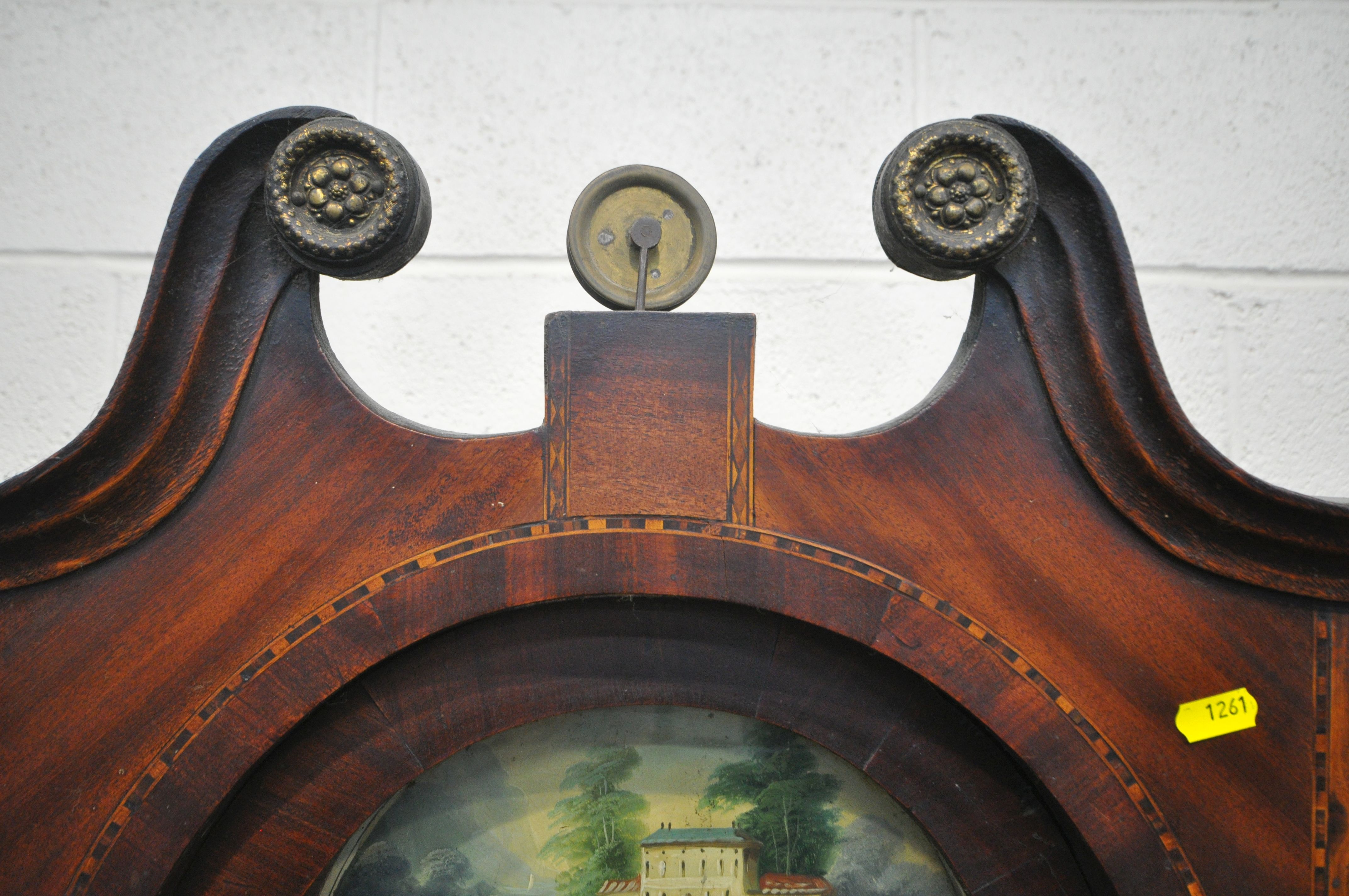 A GEORGIAN OAK EIGHT DAY LONGCASE CLOCK, with swan neck pediment above an arched glazed door, that's - Image 3 of 8