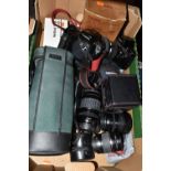 A BOX OF CAMERAS AND OTHER PHOTOGRAPHIC EQUIPMENT, to include Canon EOS5 and EOS100 35mm cameras,