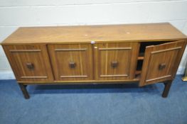 A LATE 20TH CENTURY ROSEWOOD EFFECT SIDEBOARD, fitted with four cupboard doors, the far left door