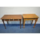 A LATE VICTORIAN PITCH PINE RECTANGULAR SIDE TABLE, fitted with two frieze drawers, raised on turned