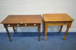 A LATE VICTORIAN PITCH PINE RECTANGULAR SIDE TABLE, fitted with two frieze drawers, raised on turned