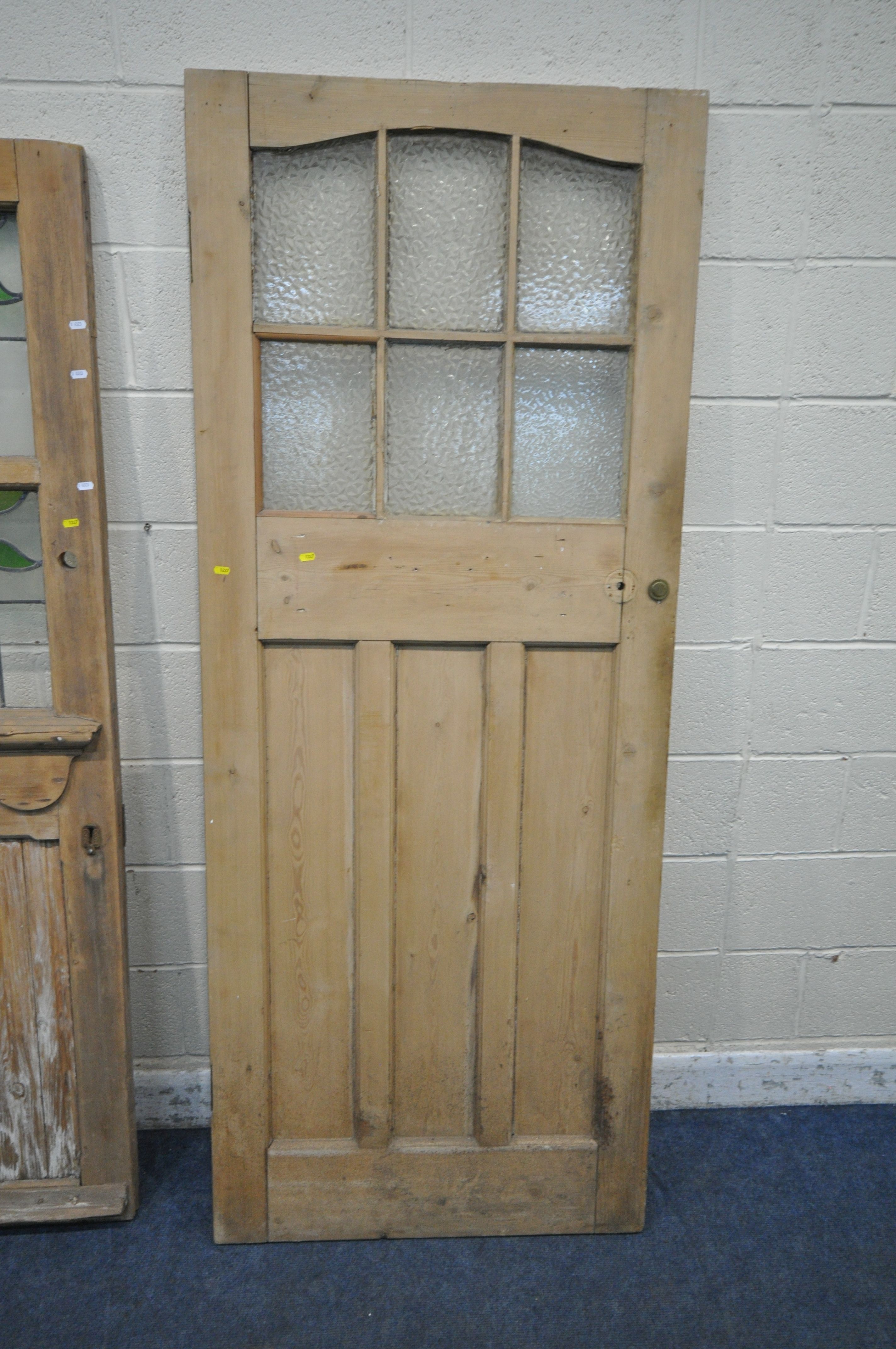 TWO PINE DOORS, the larger one with six glass panes, 81cm x 201cm the smaller one with four lead - Image 2 of 6
