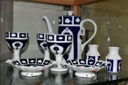 A GROUP OF ROYAL CROWN DERBY UNFINISHED IMARI, comprising a coffee pot, three chalice/goblets, two