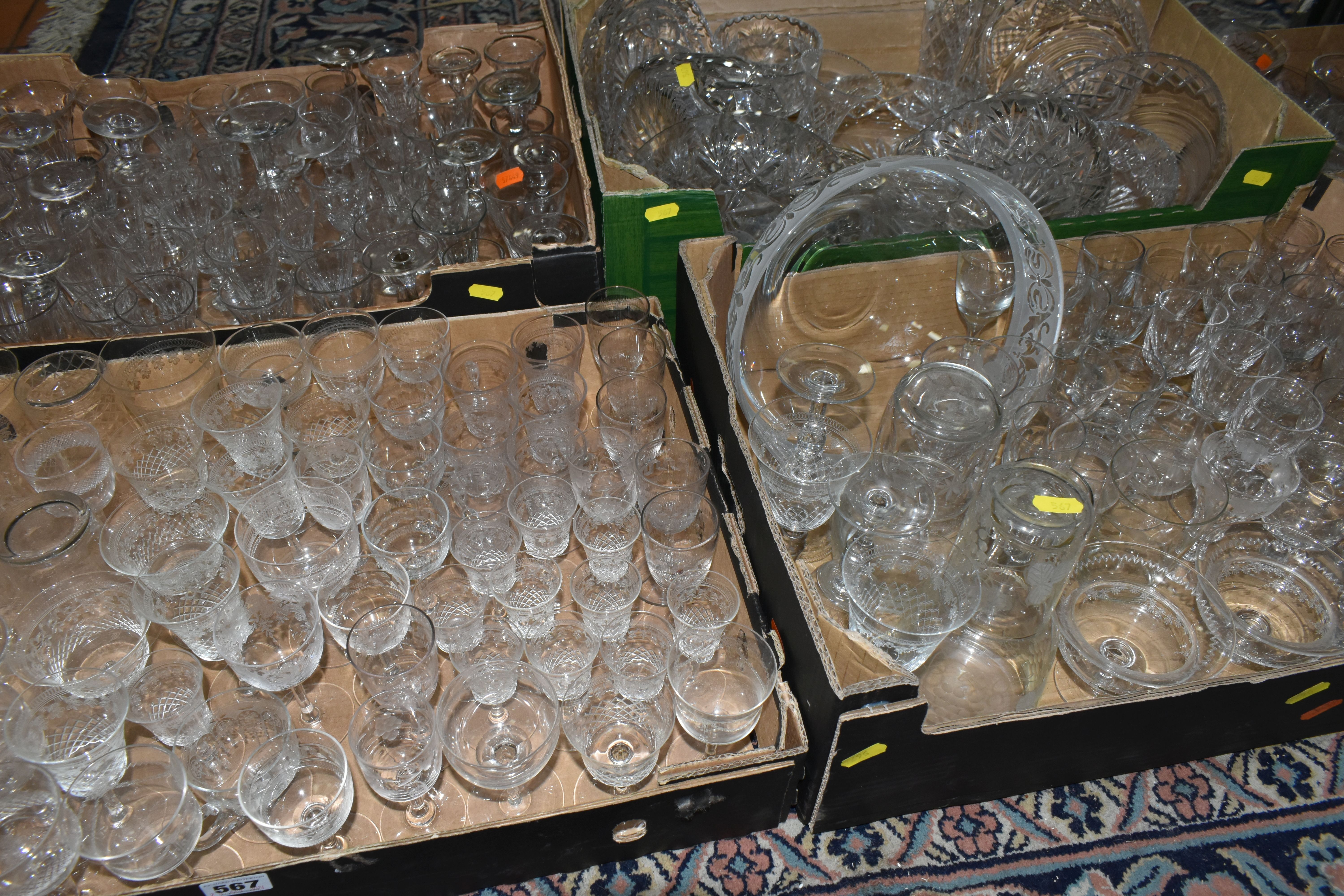 FIVE BOXES OF CUT GLASS AND GLASSWARE, to include Webb Corbett fruit bowls, dessert dishes, two