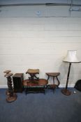 A SELECTION OF MAHOGANY OCCASIONAL FURNITURE, to include two plant stands, with spiral designs, a
