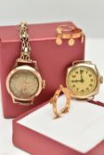 TWO LADIES WATCHES AND A PAIR OF HOOP EARRINGS, to include a ladies manual wind watch, discoloured