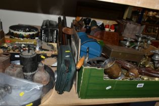 THREE BOXES AND LOOSE METAL WARE, TREEN, HABERDASHERY AND SUNDRY ITEMS, to include a small silver