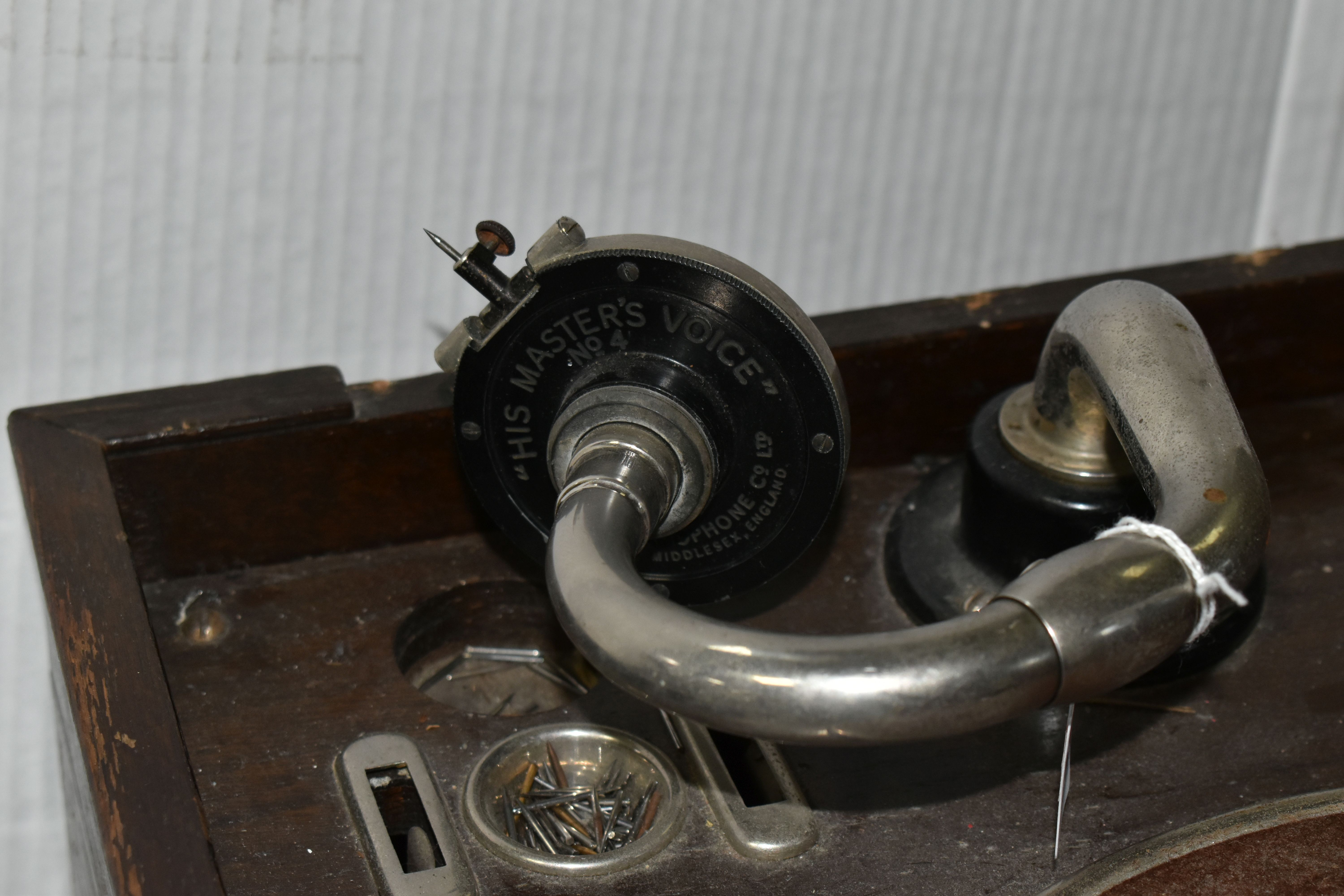 A HMV MODEL 103 GRAMOPHONE, lid is missing, runs when wound - Image 2 of 7