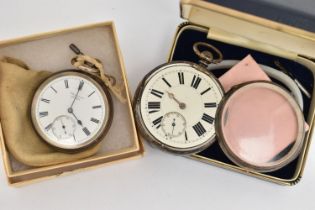 TWO SILVER OPEN FACE POCKET WATCHES, to include a 'J.W.Benson' key wound pocket watch, round white