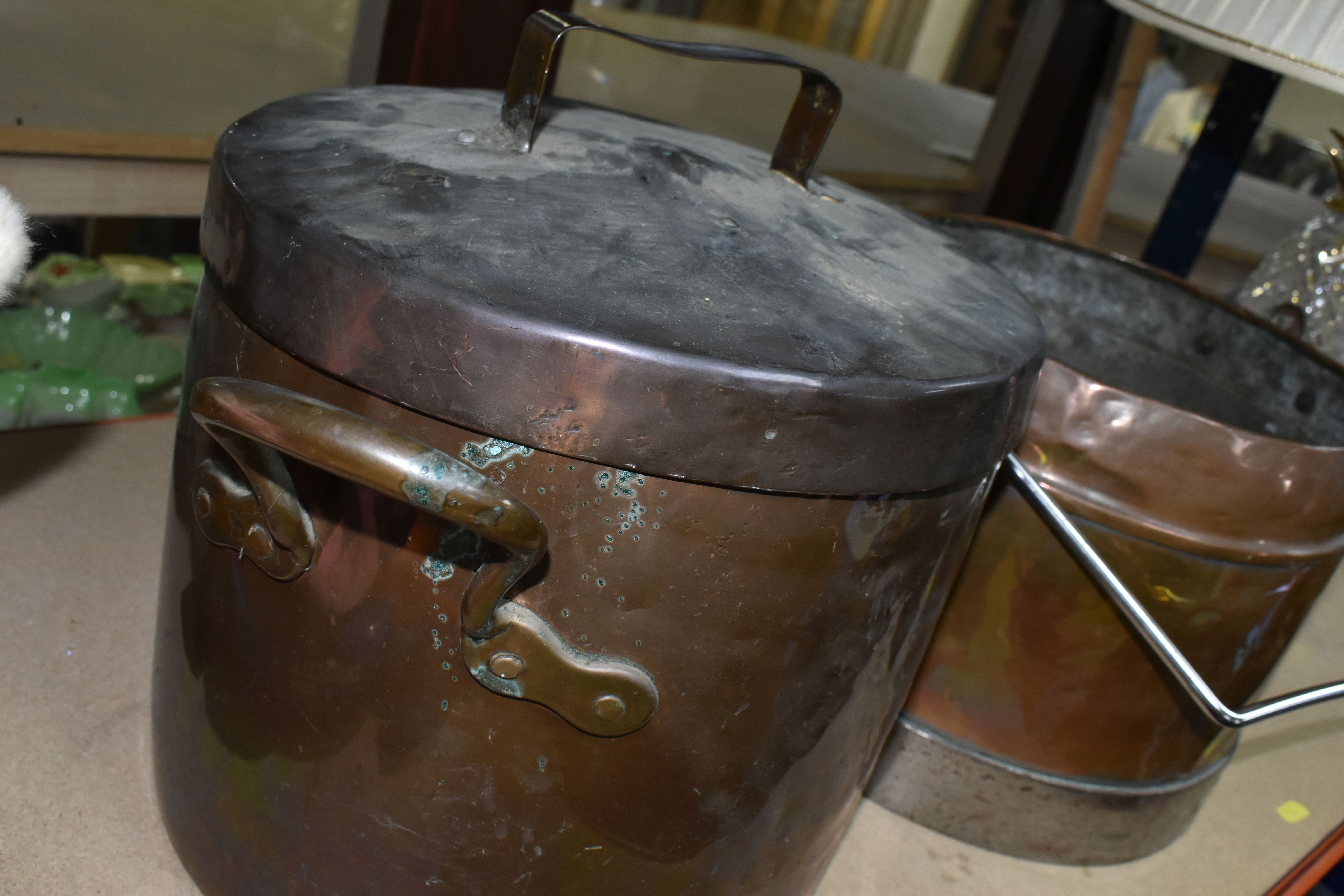 TWO COPPER COOKING POTS, one with cover and twin handles marked 'S', height excluding cover 27cm x - Image 3 of 3