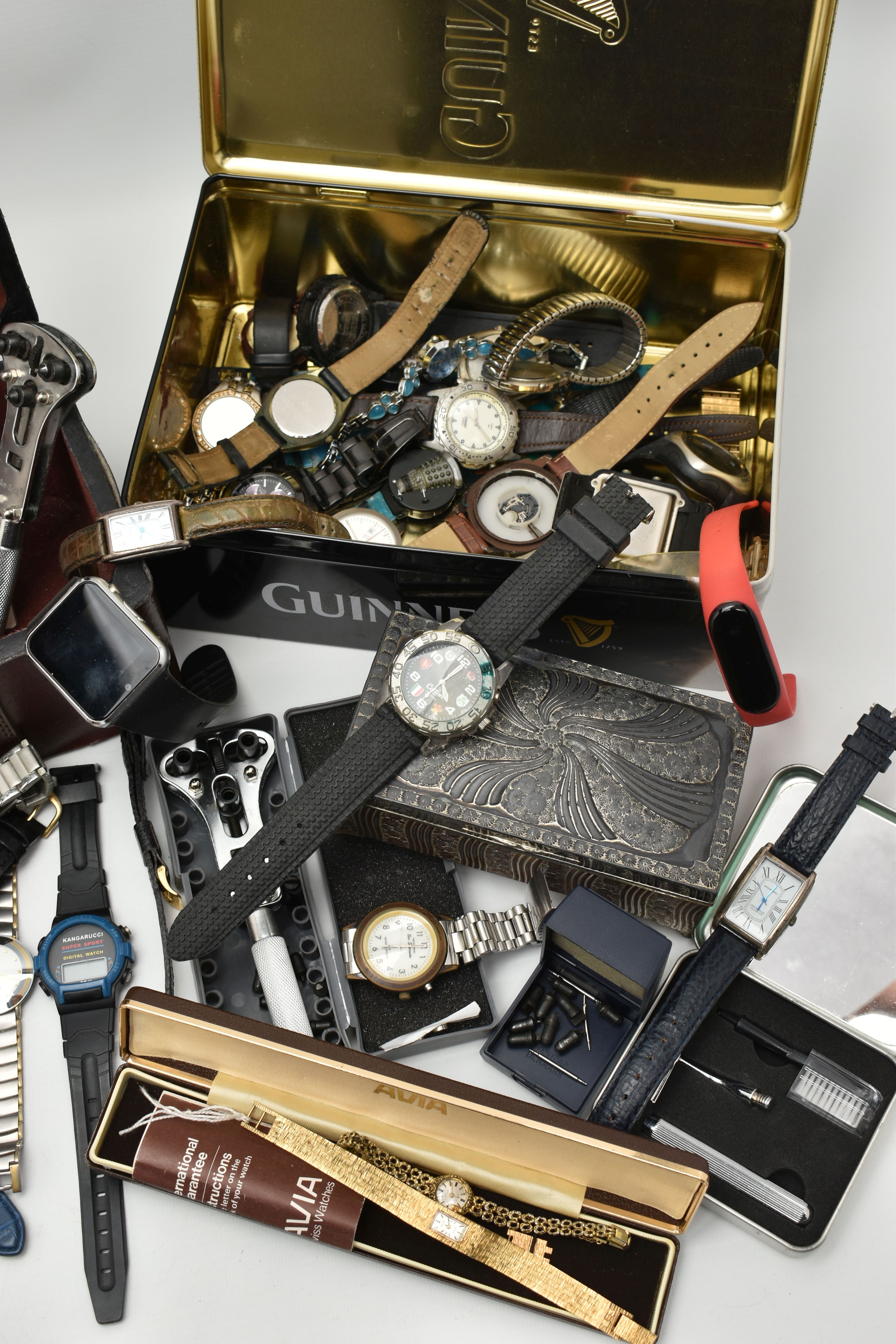 A BOX OF ASSORTED WRISTWATCHES AND ITEMS, to include a wooden box and a tin of mostly quartz fashion - Image 3 of 11