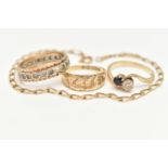 A 9CT GOLD BRACELET AND THREE RINGS, a yellow gold elongated curb link bracelet, fitted with a