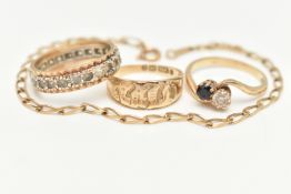 A 9CT GOLD BRACELET AND THREE RINGS, a yellow gold elongated curb link bracelet, fitted with a